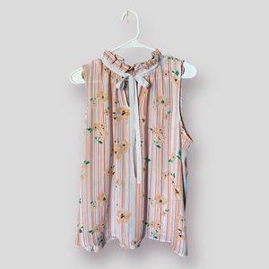 Elle Business Casual Pink and White Striped Floral Blouse Size XL